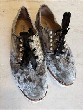 Karl Lagerfeld Silver Gray Velvet Derby Shoes with Pearl Accents